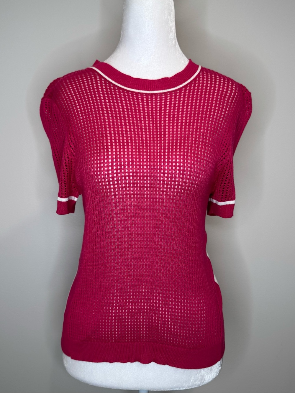 By Anthropologie Pink Viscose Open Knit Short Sleeve Top M